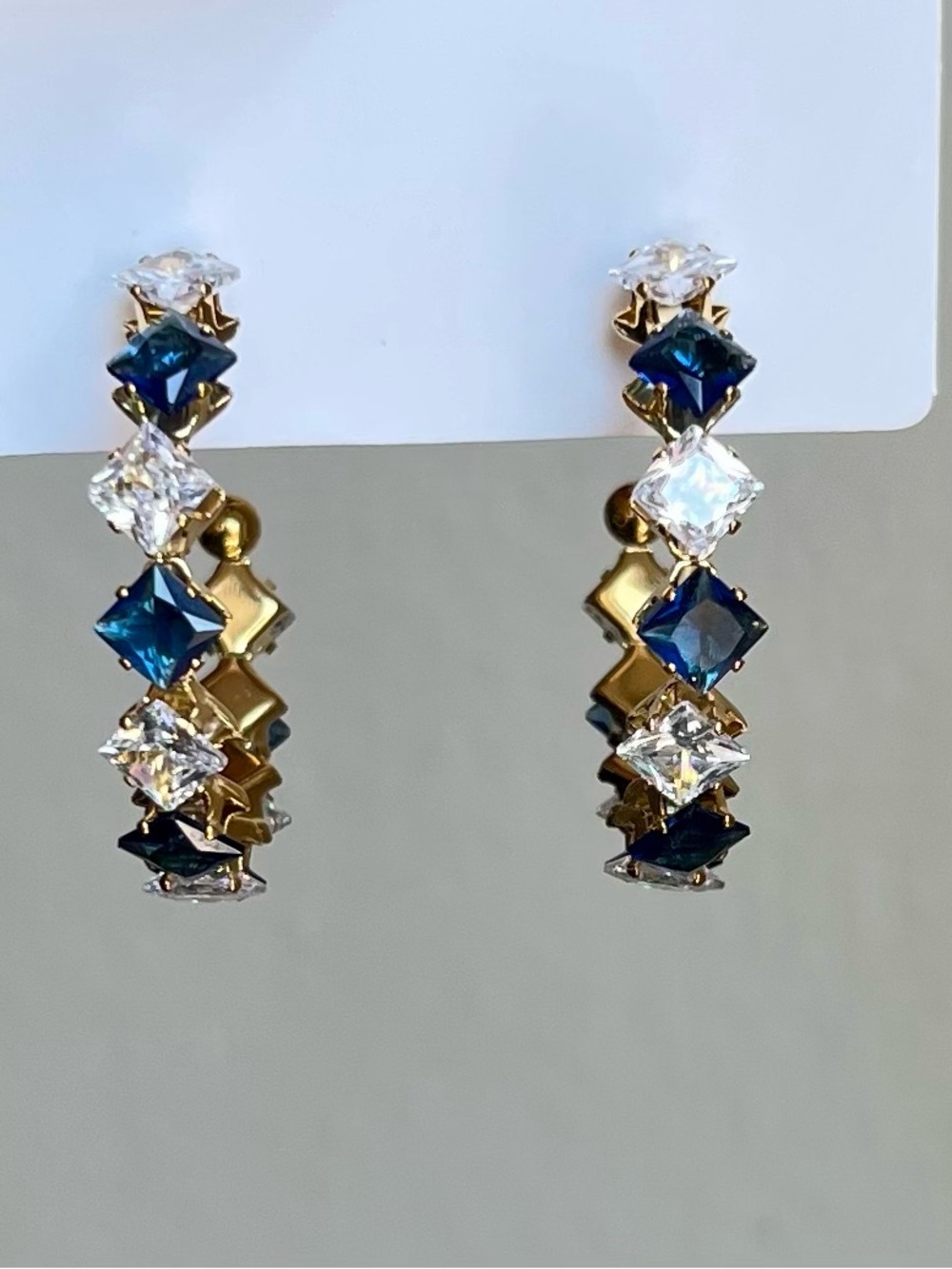 18K gold plated stainless steel Hoop Earrings with Blue and Clear Stones